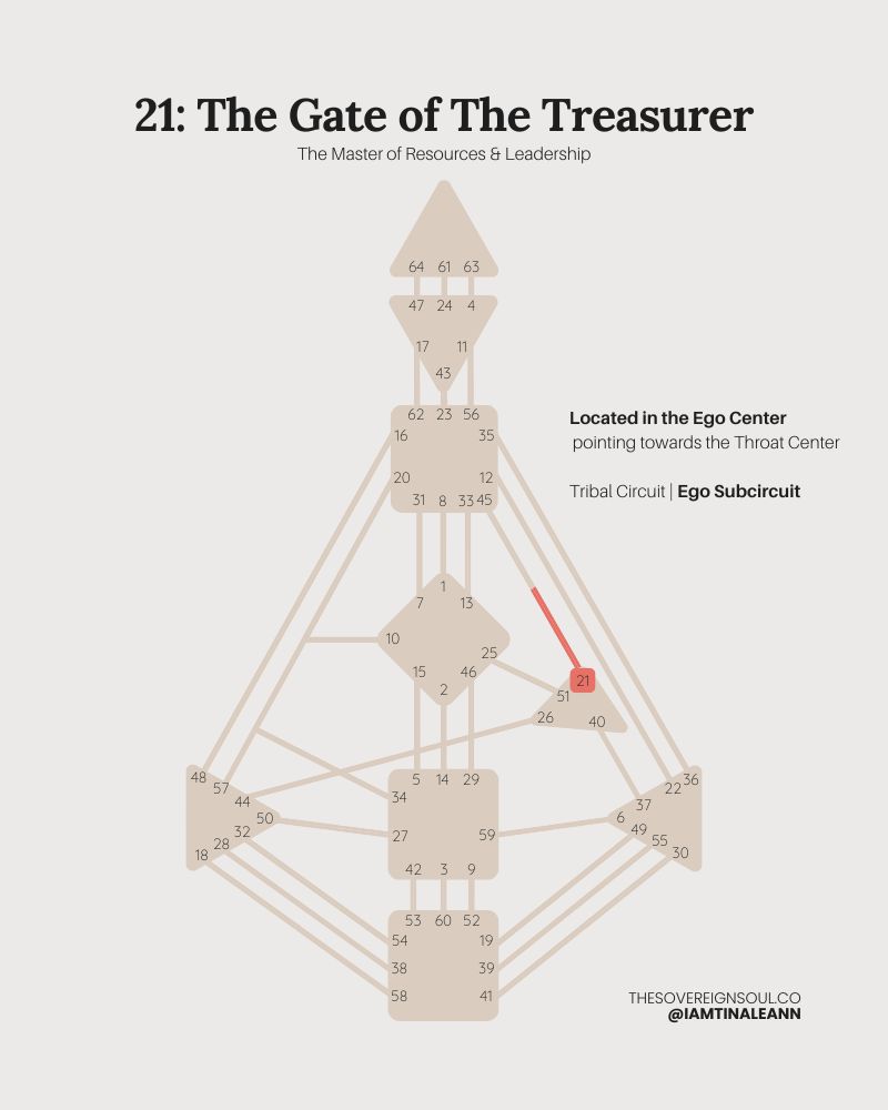 Gate 21, The Gate of the Treasurer , The Hunter, Huntress, Human Design, Channel 21-45, Tribal Circuit, Ego Subcircuit