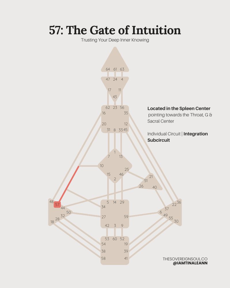 Gate 57, The Gate of Intuition, Channel 57-20, Channel 57-34, Channel 57-10, Individual Circuit, Inegration Subcircuit, Centering Subcircuit, Spleen Center, Sacral Center, G Center, Throat Center