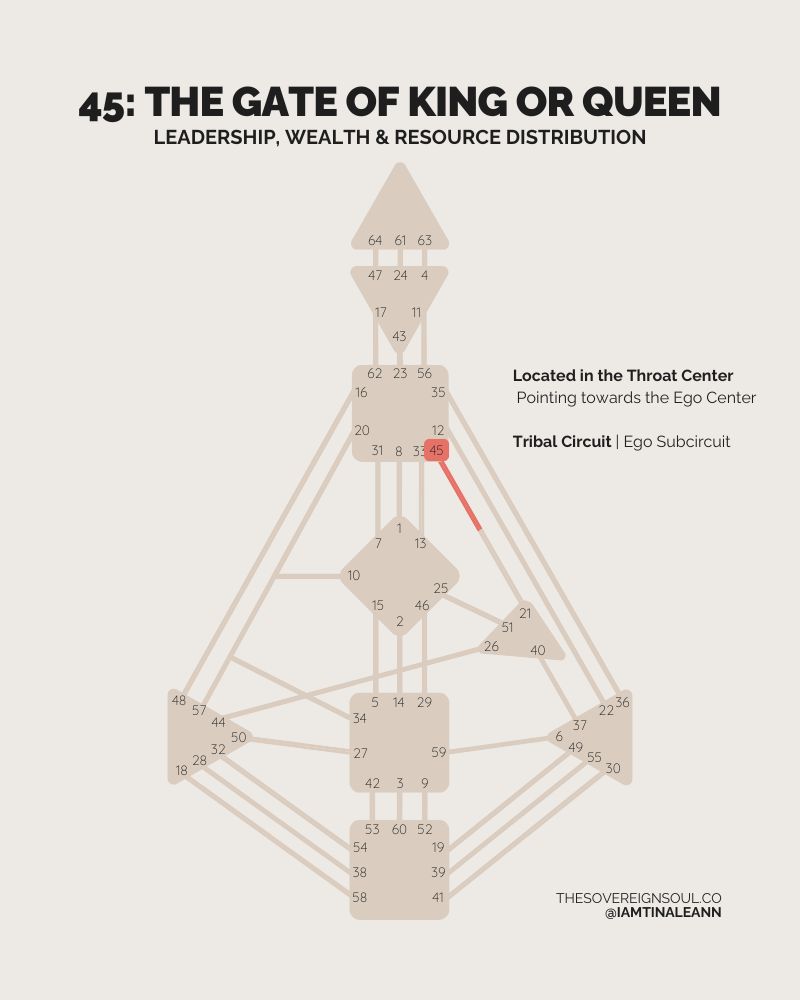 Gate 45, The Gate of the Gatherer, The Gate of The King or Queen, Human Design, Channel 45-21, Tribal Circuit, Ego Subcircuit, Will Center, Throat Center